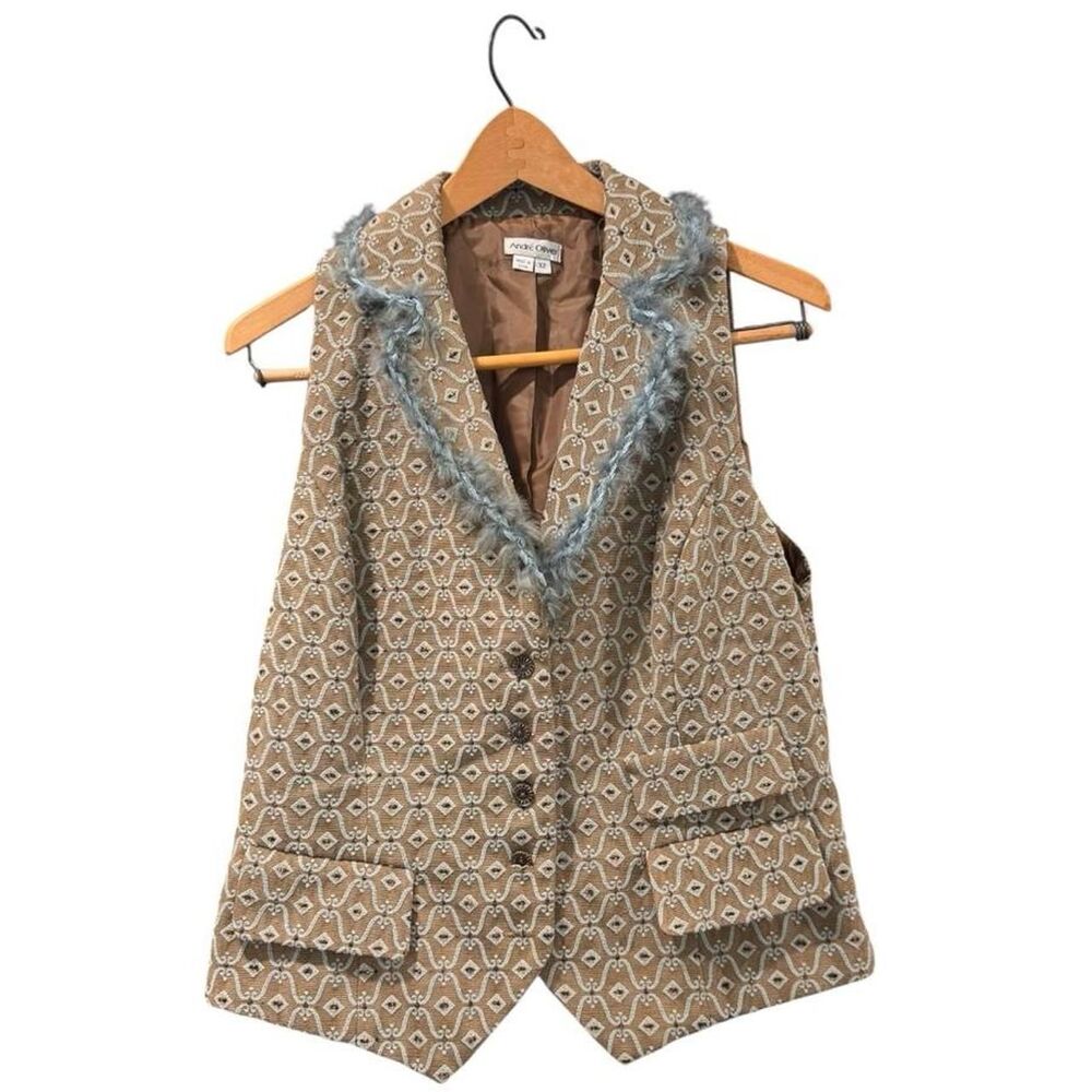 Andre Oliver brown tan geometric patterned vest with blue faux fur trim size 12